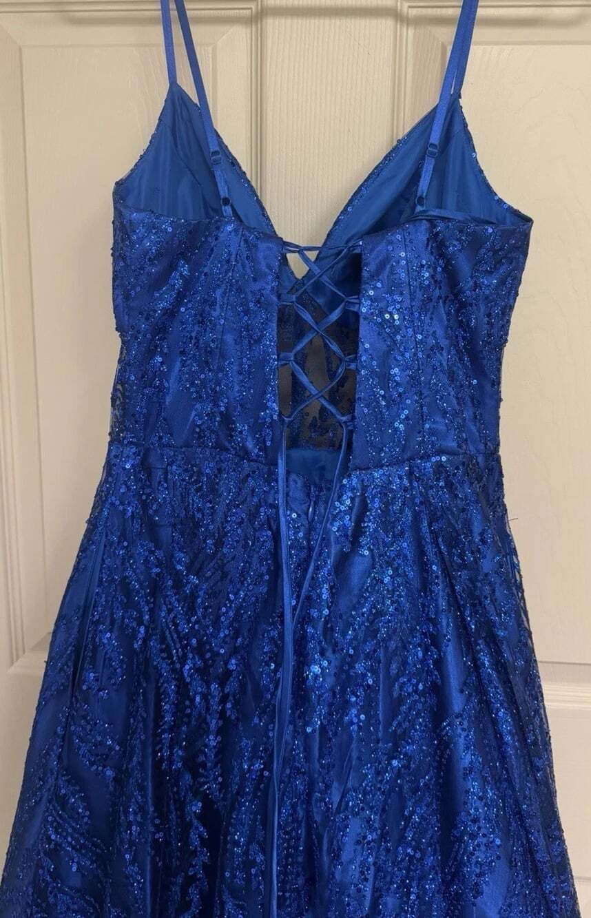Blondie Nites Jr Size 5 Royal Blue Glitter-Mesh Corset Lace-Up Dress Pockets - Picture 7 of 16